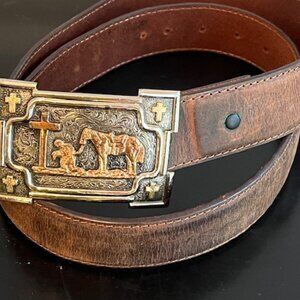 Crumrine Rectangle Praying Cowboy with Horse Leather Belt Buckle